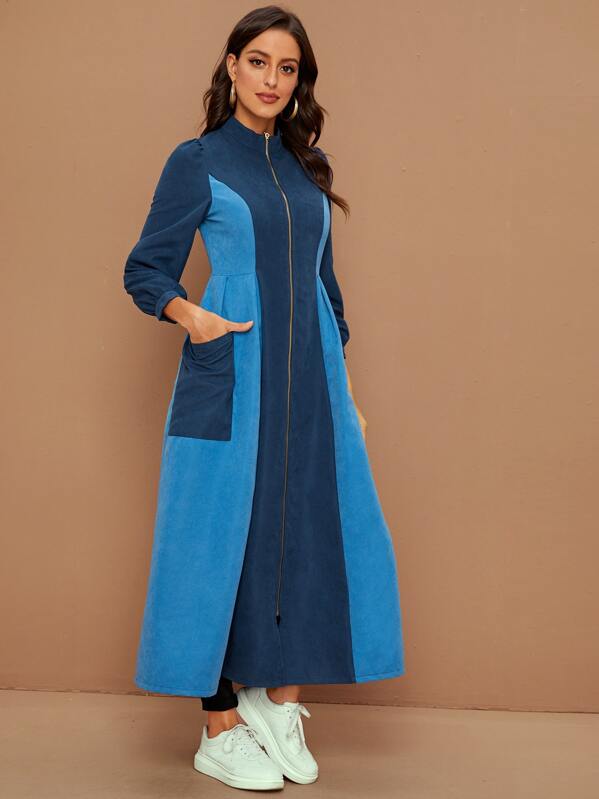 

Colorblock Mock Neck Zip Up Long Coat, Multicolor, Mary P.