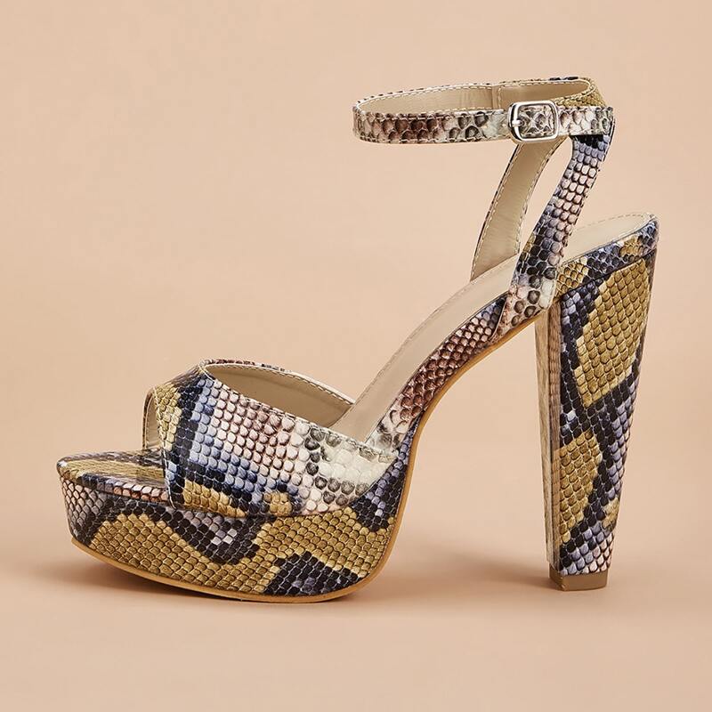 

Ankle Strap Snakeskin Chunky Heels, Multicolor