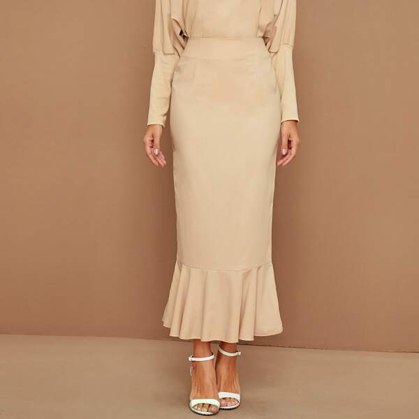 

Solid Ruffle Hem Bodycon Skirt, Beige pastel