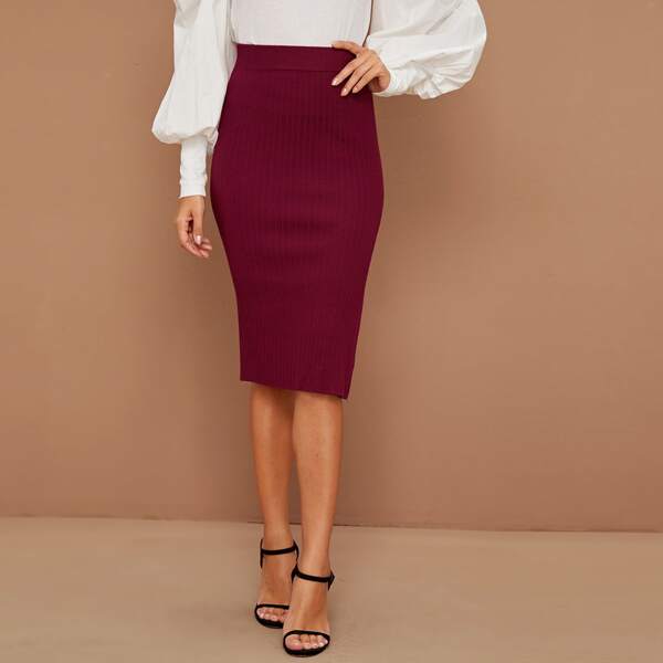 

Rib-Knit Split Hem Bodycon Sweater Skirt, Burgundy