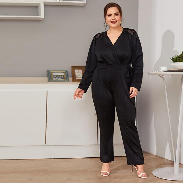 

Plus Lace Panel Keyhole Back Tie Side Jumpsuit, Black