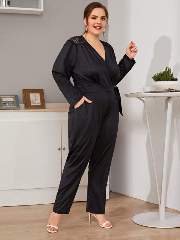 

Plus Lace Panel Keyhole Back Tie Side Jumpsuit, Black, Ella