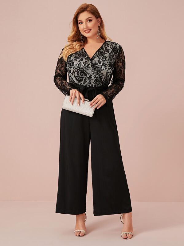 

Plus Lace Panel Belted Wide Leg Jumpsuit, Black, Nora