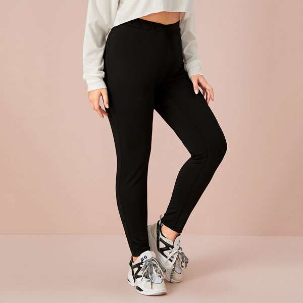 

Plus Solid Elastic Waist Leggings, Black