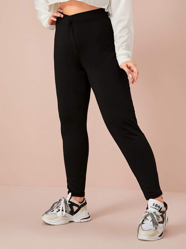 

Plus Solid Elastic Waist Leggings, Black, Nora