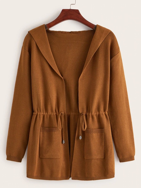 

Plus Dual Pocket Drawstring Waist Hooded Cardigan, Brown