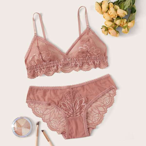 

Floral Lace Lingerie Set, Pink