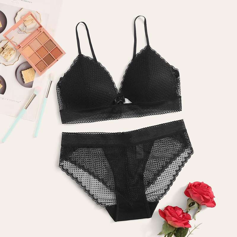 

Adjustable Strap Mesh Lingerie Set, Black