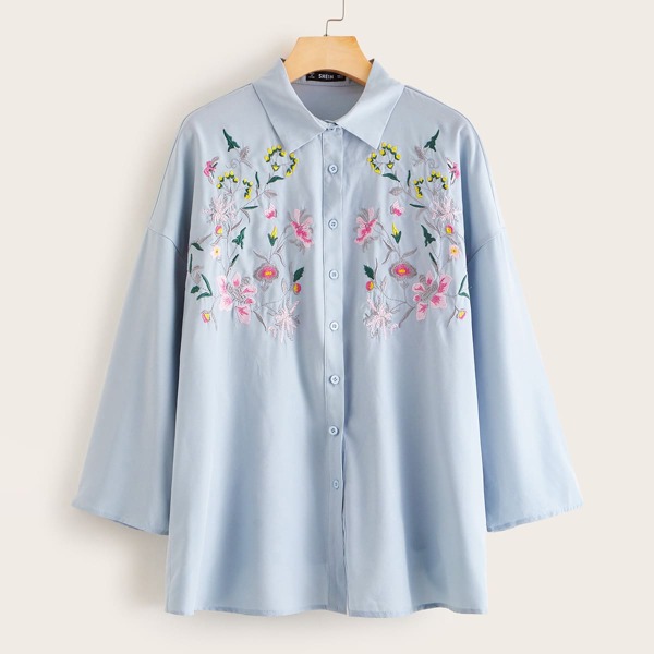 

Drop Shoulder Floral Embroidery Blouse, Blue pastel
