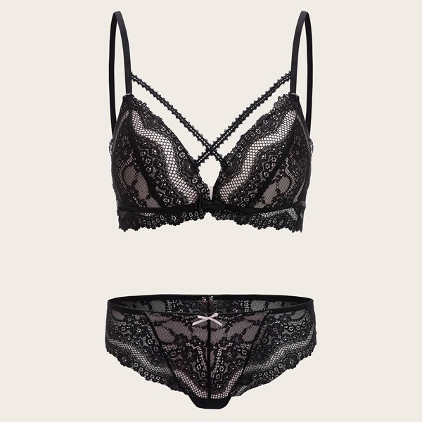 

Floral Lace Harness Lingerie Set, Black