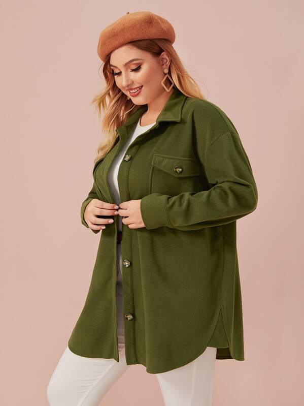 

Plus Curved Hem Dual Pocket Tweed Coat, Army green, Nora