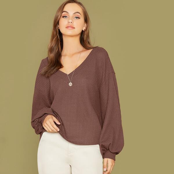 

Lantern Sleeve Rib-knit Top, Coffee brown