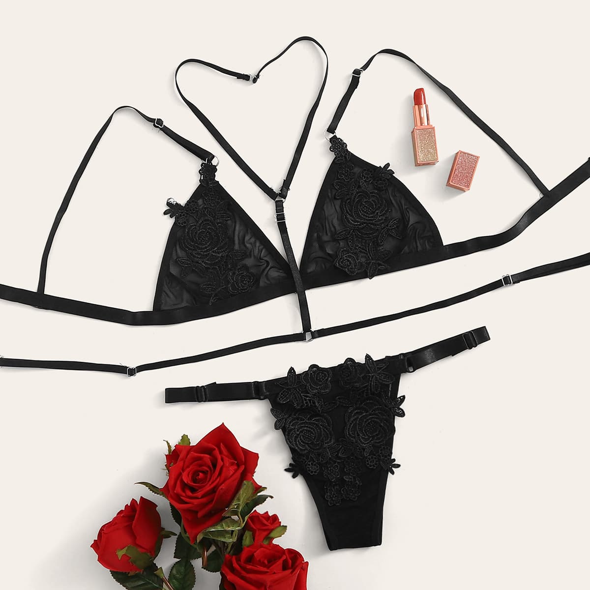 

Embroidery Mesh Lingerie Set With Choker, Black