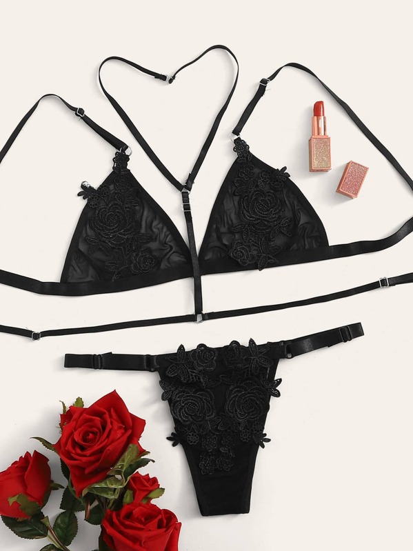 

Embroidery Mesh Lingerie Set With Choker, Black