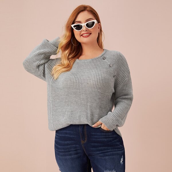 

Plus Rib-Knit Raglan Sleeve Button Detail Sweater, Grey