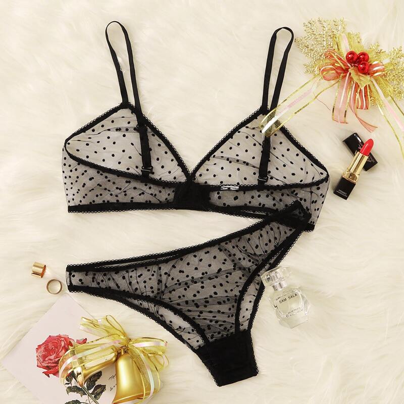 

Polka Dot Sheer Mesh Lingerie Set, Black