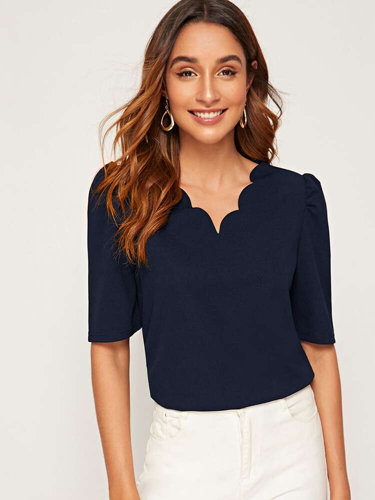 SHEIN Clasi Scallop Trim Solid Top - Navy Blue - View 1