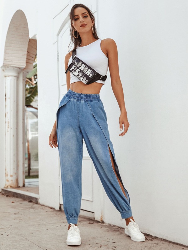 

Split Side Elastic Waist Jogger Jeans, Blue, Debi Cruz