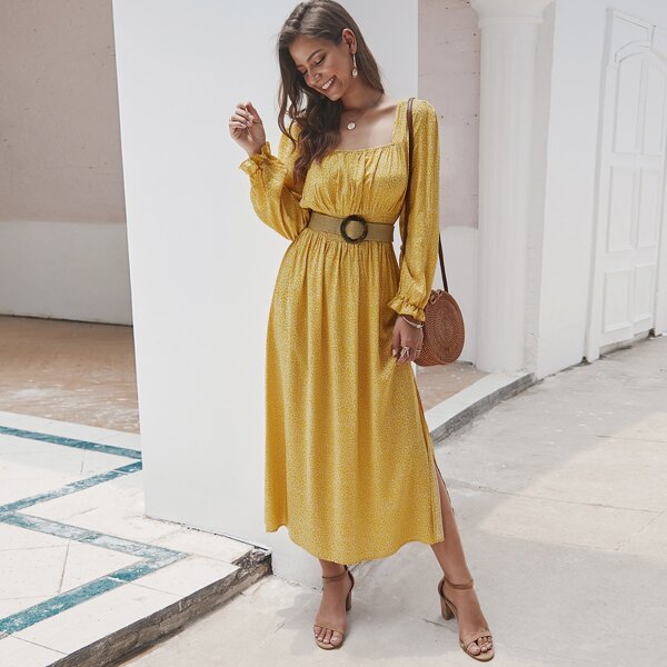 

Square Neck Ditsy Floral Split A-line Dress, Yellow