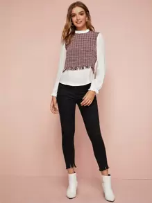 SHEIN 抽鬚邊呢子拼接假兩件上衣 - 彩色 - 查看 3