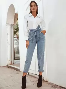 SHEIN Frenchy High Waisted Pocket Patched Tie Front Mom Jeans Casual - Light Wash - View 2