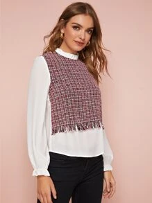 SHEIN 抽鬚邊呢子拼接假兩件上衣 - 彩色 - 查看 5