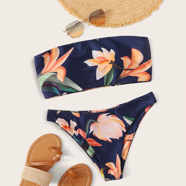 

Floral Print Bandeau Cheeky Bikini Swimsuit, Navy blue