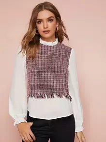 SHEIN 抽鬚邊呢子拼接假兩件上衣 - 彩色 - 查看 1