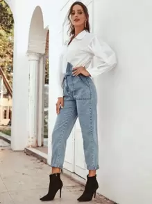 SHEIN Frenchy High Waisted Pocket Patched Tie Front Mom Jeans Casual - Light Wash - View 4