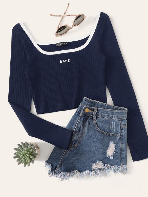 

Contrast Trim Embroidered Letter Rib-knit Top, Navy