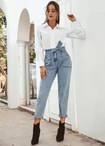 SHEIN Frenchy High Waisted Pocket Patched Tie Front Mom Jeans Casual - Light Wash - View 6