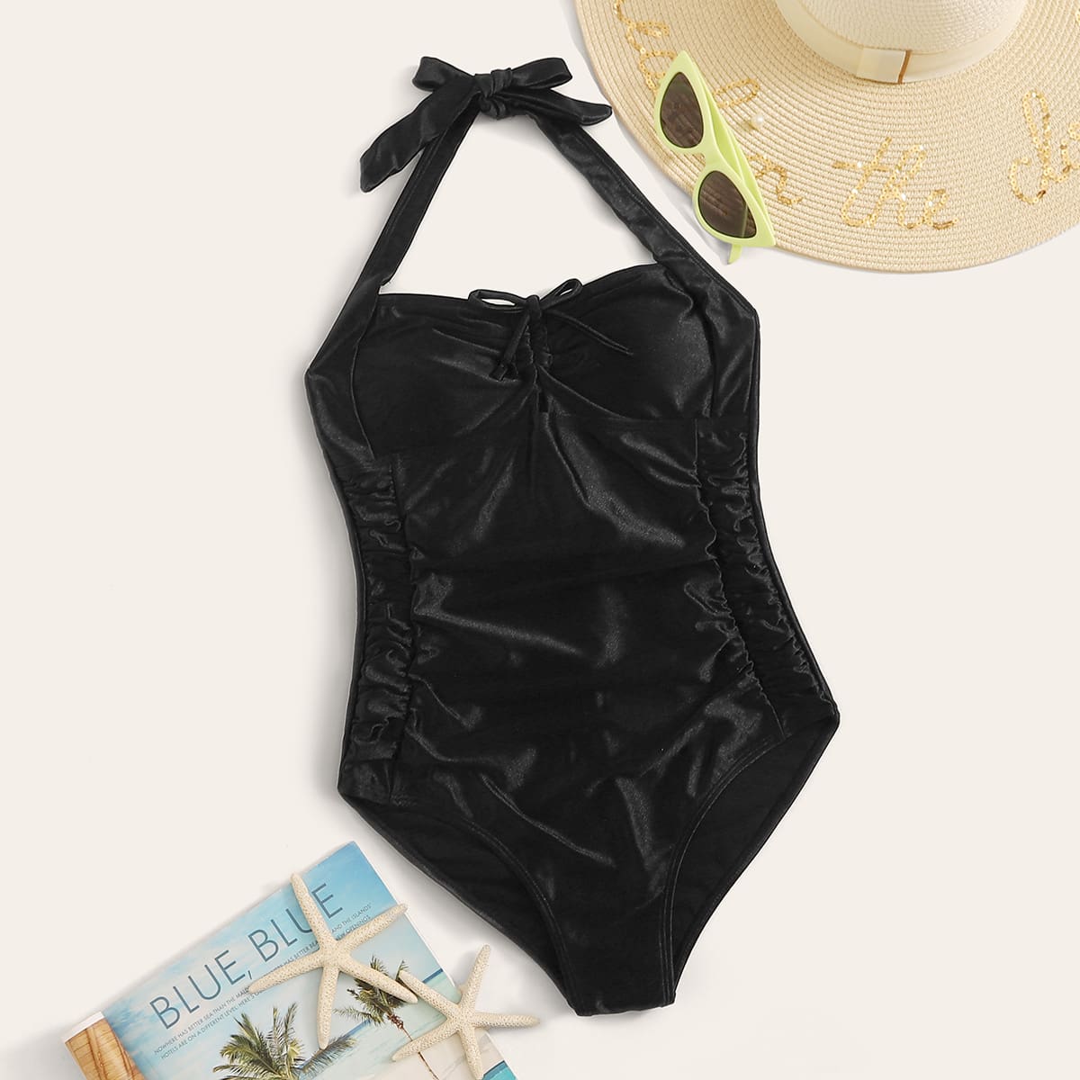 

Ruched Halter Satin One Piece Swimwear, Black