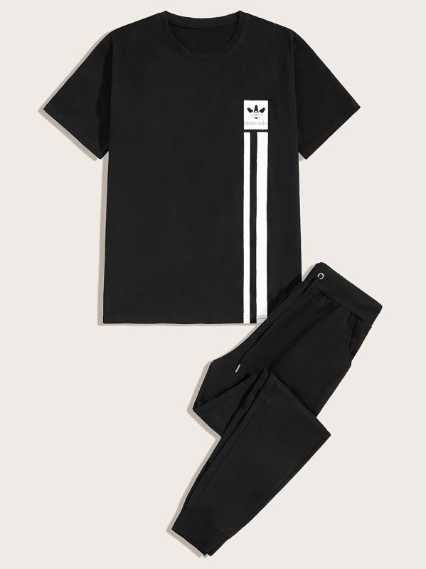 

Men Letter Graphic Tee & Drawstring Sweatpants, Black