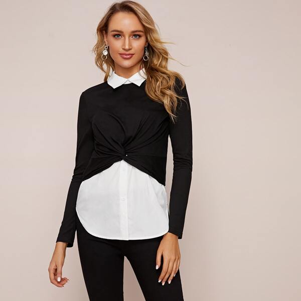 

Contrast Collar Twist Front 2 in 1 Top, Black and white