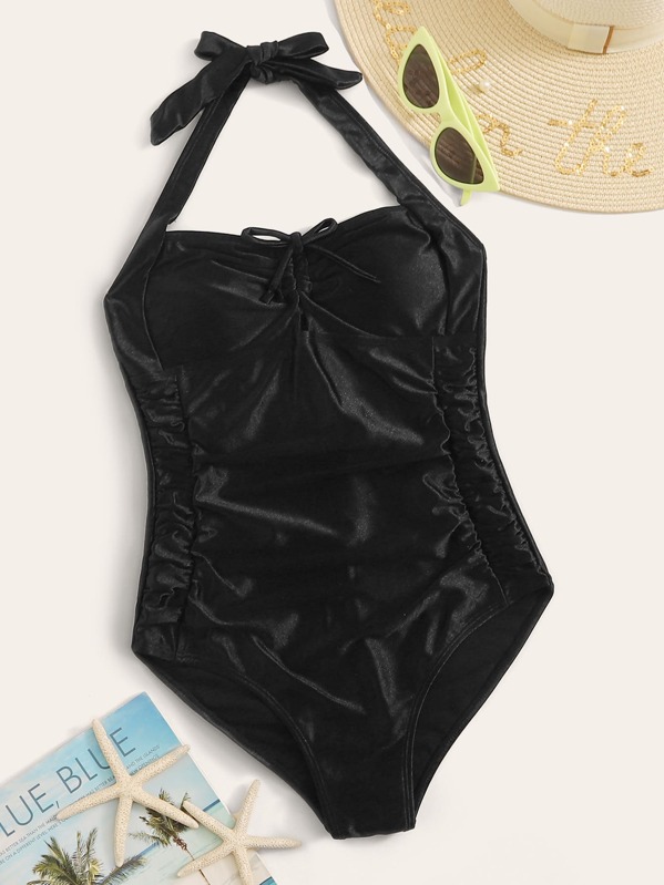 

Ruched Halter Satin One Piece Swimwear, Black
