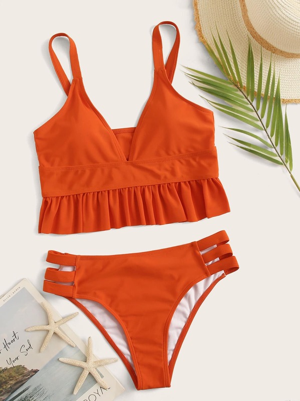 

Ruffle Trim Top With Cut Out Panty Tankini, Orange
