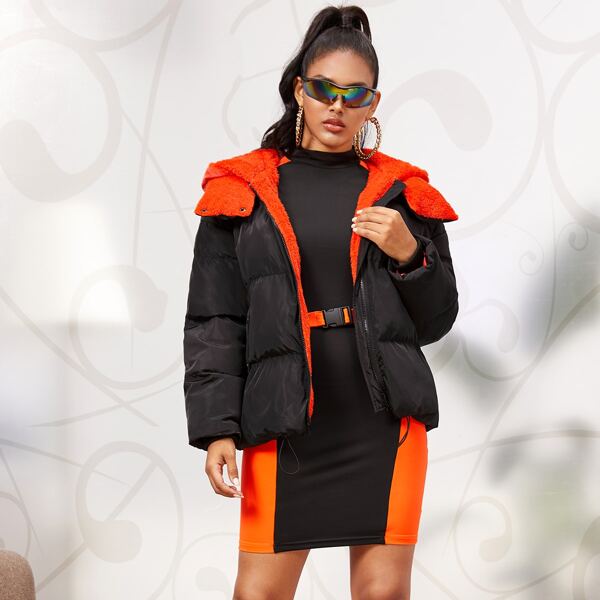 

Contrast Lining Puffer Coat, Black