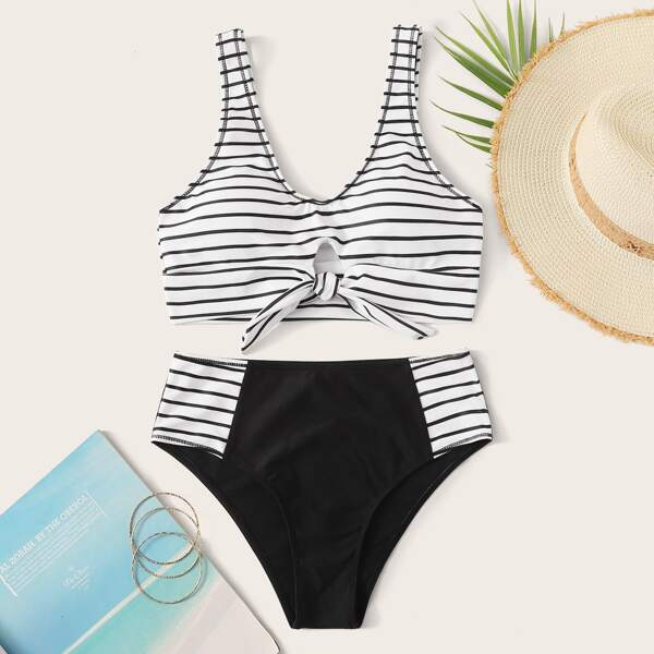 

Striped Knot Front Top With Panty Bikini Set, Black and white