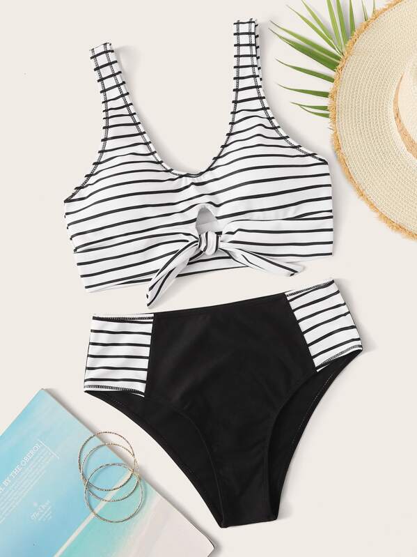 Striped Knot Front Top With Panty Bikini Set, Black and white