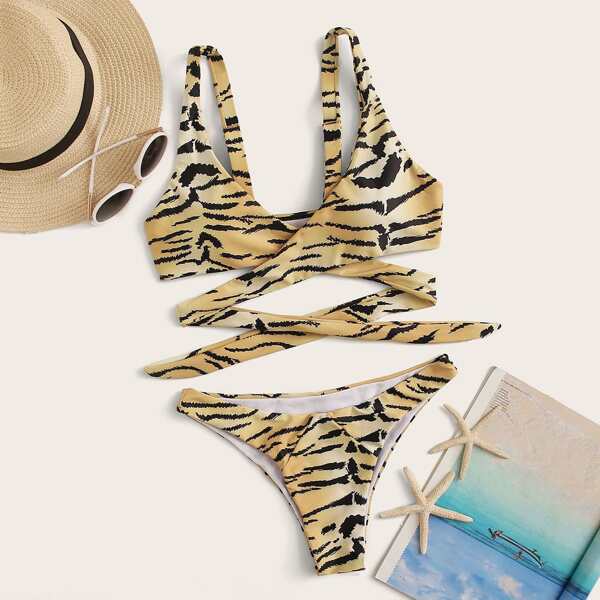

Tiger Pattern Wrap Bikini Set, Brown