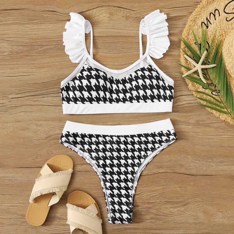 

Houndstooth Ruffle Trim Bikini Swimsuit, Black and white
