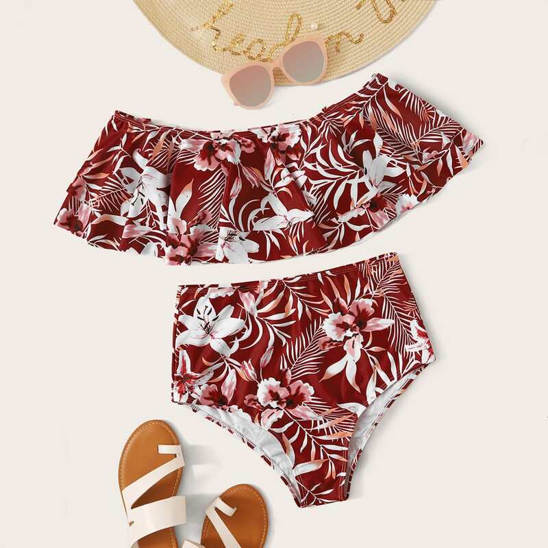 

Floral Print Tiered Layer Top With High Waist Bikini, Burgundy