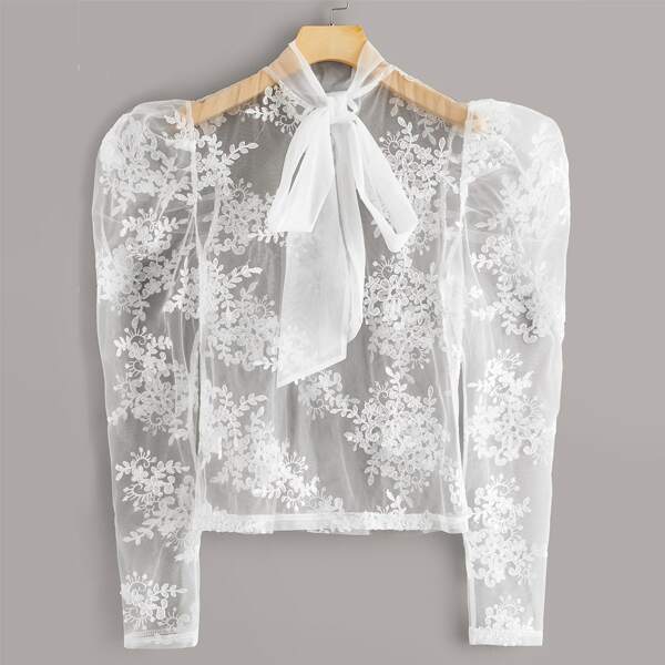 

Tie Back Embroidered Mesh Sheer Top Without Bandeau, White