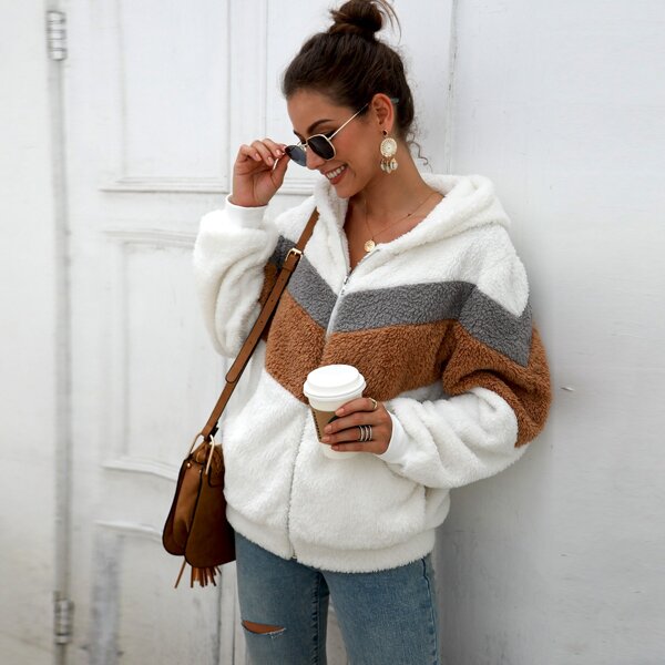 

Contrast Panel Zip Up Hooded Teddy Jacket, White