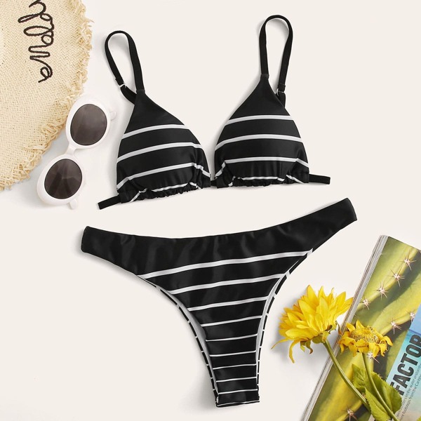 

Striped Triangle Top With High Cut Bikini Set, Black and white