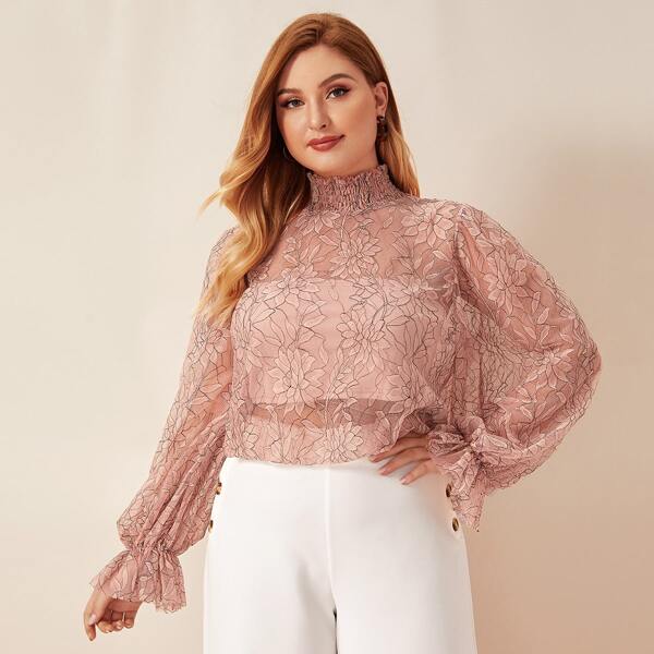 

Plus Shirred High Neck Floral Lace Top Without Bandeau, Pink pastel