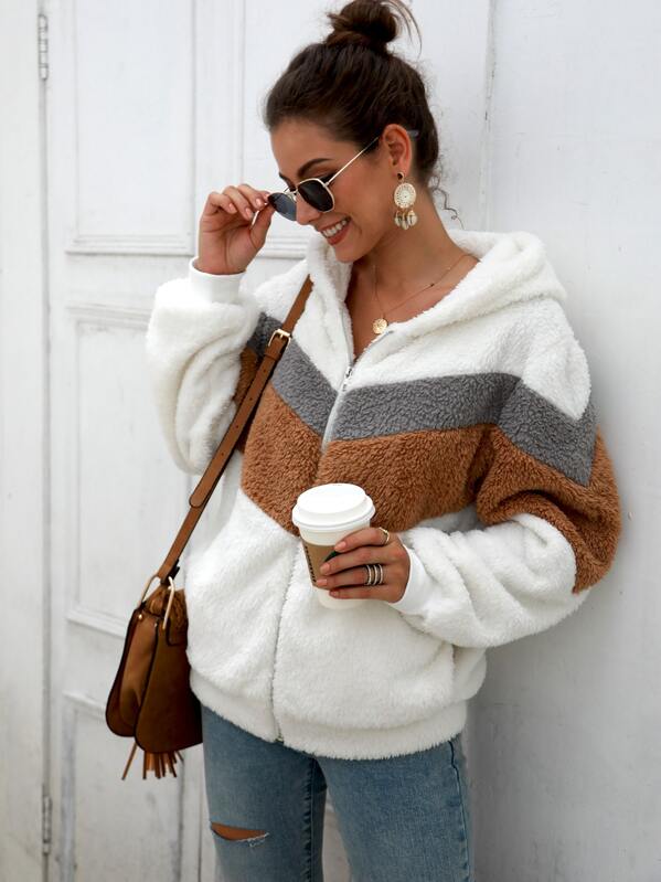 

Contrast Panel Zip Up Hooded Teddy Jacket, White
