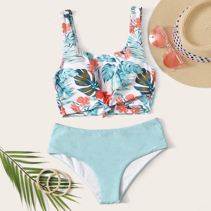 

Tropical Print Bikini Swimsuit, Baby blue