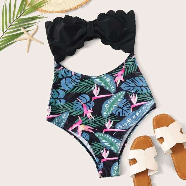 

Tropical Scallop Trim Cut Out One Piece Swimwear, Multicolor