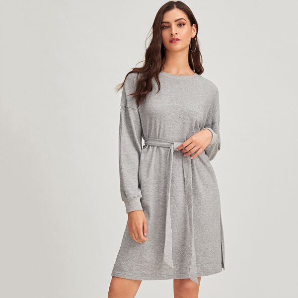 

Drop Shoulder Split Hem Belted Dress, Grey